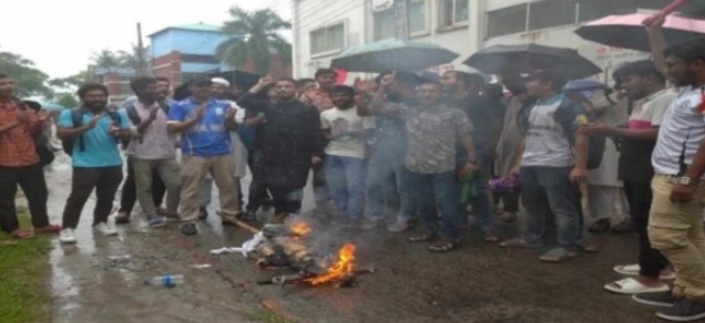 পটুয়াখালীর দুমকীতে পবি প্রবির বিক্ষোভ মিছিল, মুদির কুশপুত্তলিকা দাহ।