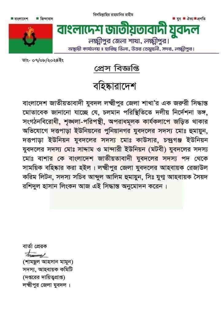 লক্ষ্মীপুরে লুটপাটে জড়িত যুবদলের চার নেতা বহিষ্কার