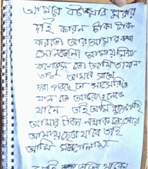 স্ত্রীর যন্ত্রনা সইতে না পেরে চিরকুট লিখে দর্জি দোকানীর আত্মহত্যা/